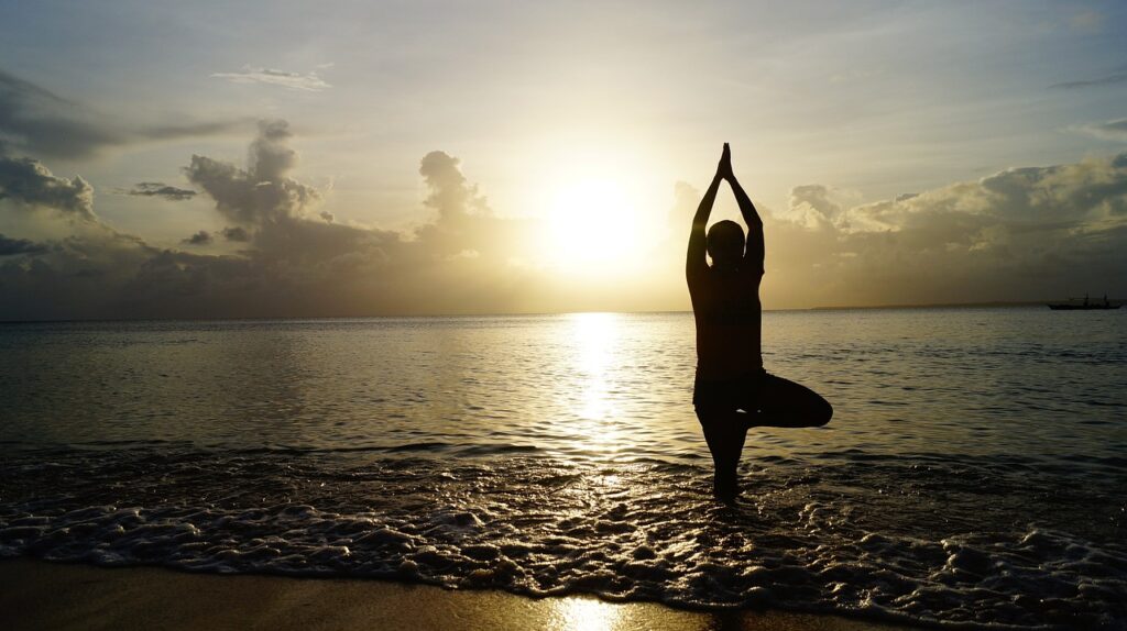 beach, yoga, sunset, silhouette, nature, person, yoga pose, shore, seashore, sea, ocean, meditate, meditation, pose, balance, calm, tranquil